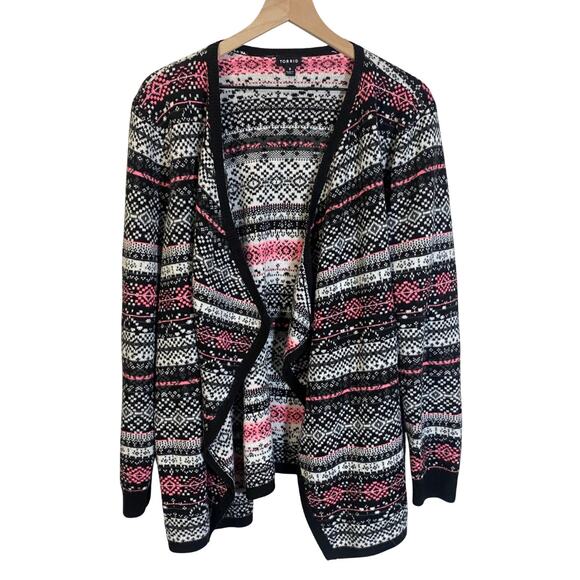 Torrid Fair Isle Open Front Knit Draped Cardigan Black White Pink Sz 3X - Picture 2 of 10